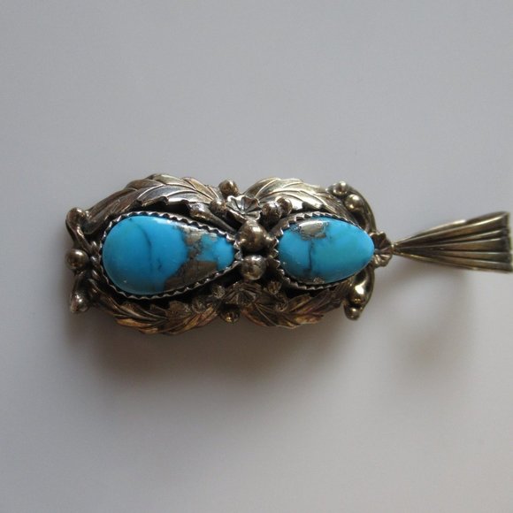 Vintage Native American Turquoise Pendant Sterling Silver Iron Pyrite Matrix - Picture 7 of 9